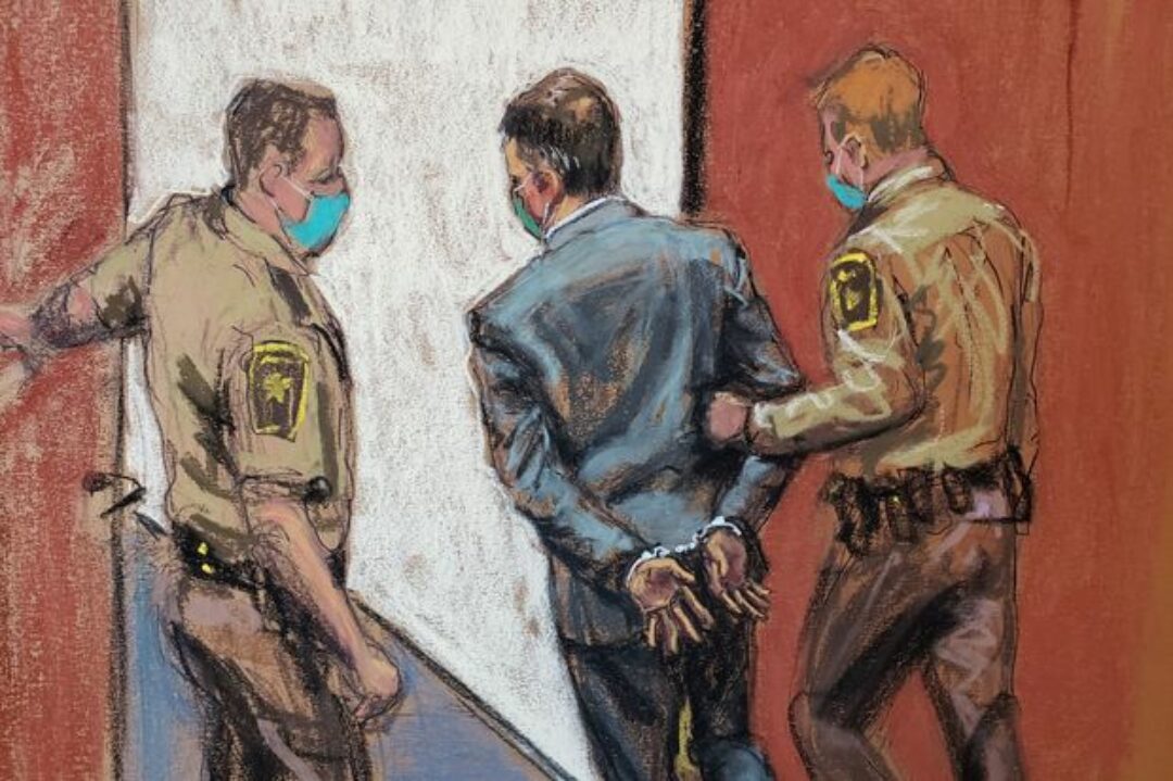 In this courtroom sketch, former Minneapolis police officer Derek Chauvin is led away in handcuffs after a jury found him guilty on all counts.JANE ROSENBERG/REUTERS